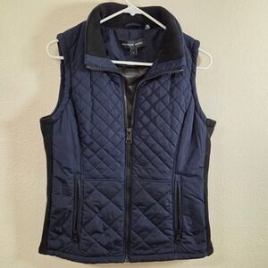 Andrew Marc Womens Navy Blue Quilted Puffer Vest Mock Neck Ribbed Trim Small